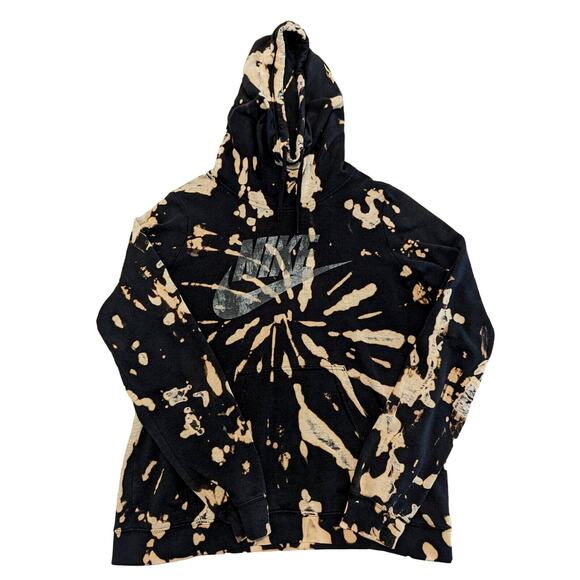 Nike Womens Bleach Tie Dye Hoodie XL High Neck Black Lightweight Blue Tag Grunge - Picture 1 of 16